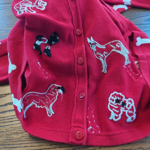 Berek Vintage Red Sweater Cardigan Women’s XL Embroidered Dog and Bone Beaded - Picture 10 of 16